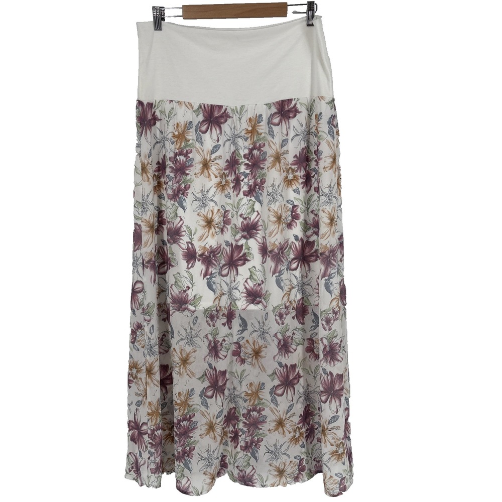 Solitaire by Ravi Khosla Womens Maxi Skirt Large White Floral Chiffon Boho‎